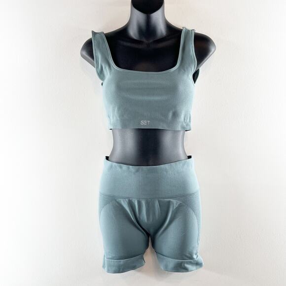 SET Active Sculptflex Power Ribbed Sports Bra Bike Short Set Muted Blue Large - Picture 2 of 8